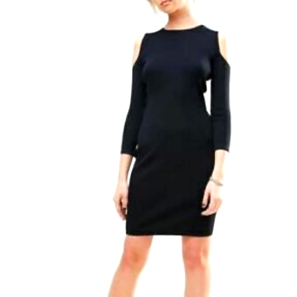 John + Jenn Dress Womens Medium Black Cold Shoulder Sheath Bodycon Cocktail Knit